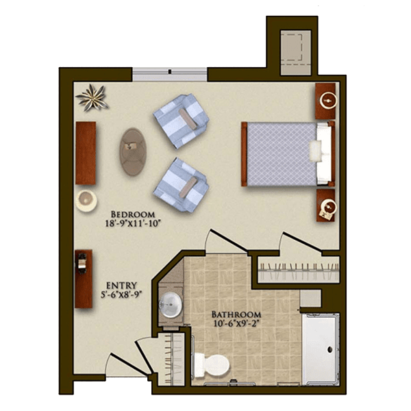 A floor plan of a one-bedroom apartment with furniture layout.