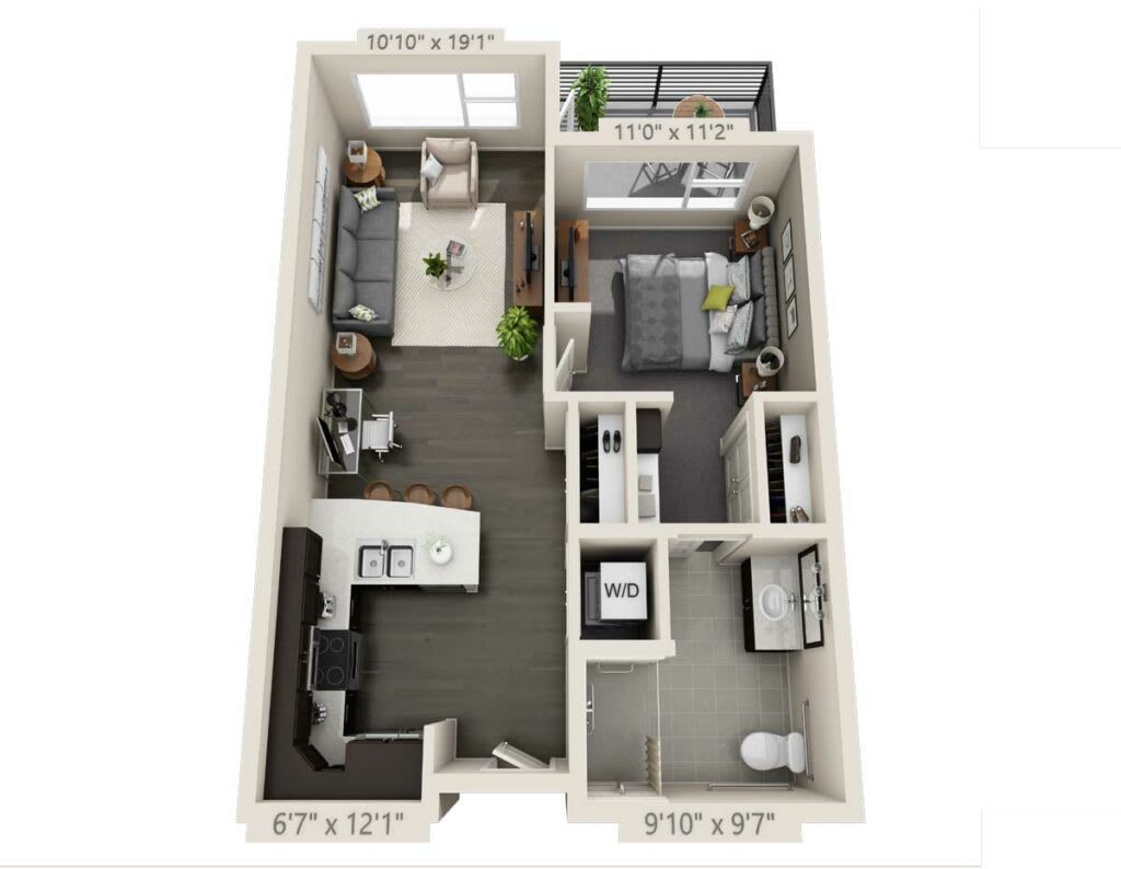 A 3D floor plan of a one-bedroom apartment with an open living space, kitchen, bathroom, and balcony.