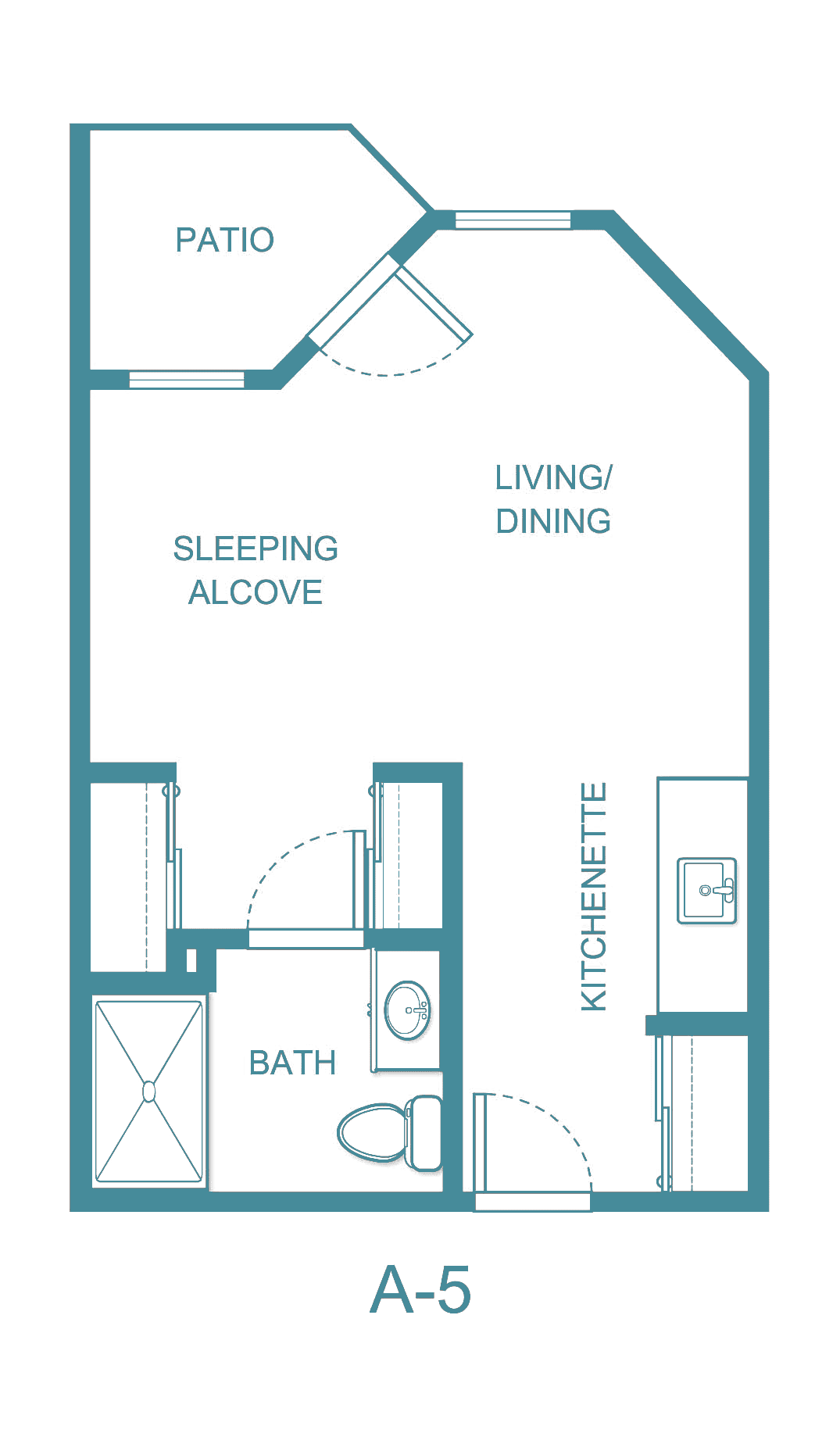 Studio apartment floor plan with sleeping alcove, kitchenette, and bath.