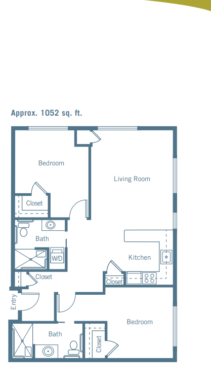 A floor plan of an apartment with approximately 1052 square feet.