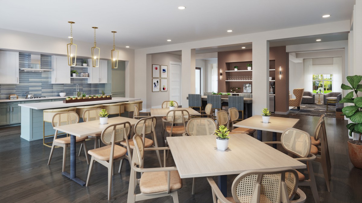 A modern dining area with wooden tables and chairs, featuring contemporary interior design elements.