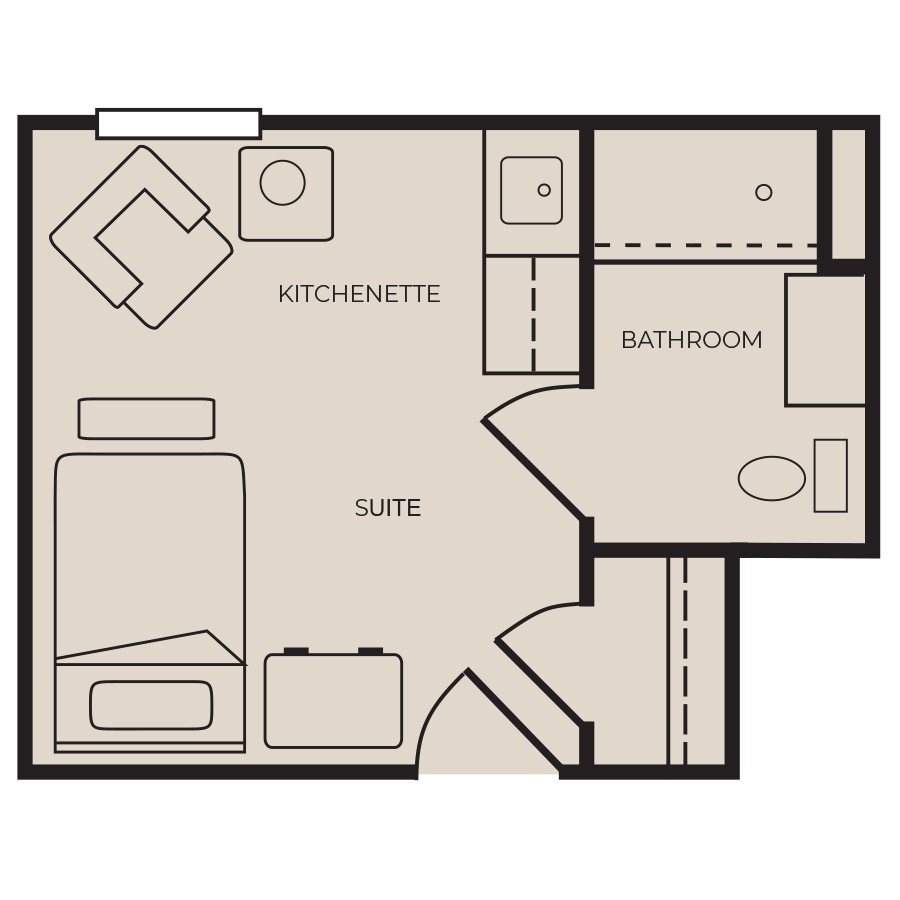 A simple floor plan of a suite featuring a kitchenette, bathroom, and living area.