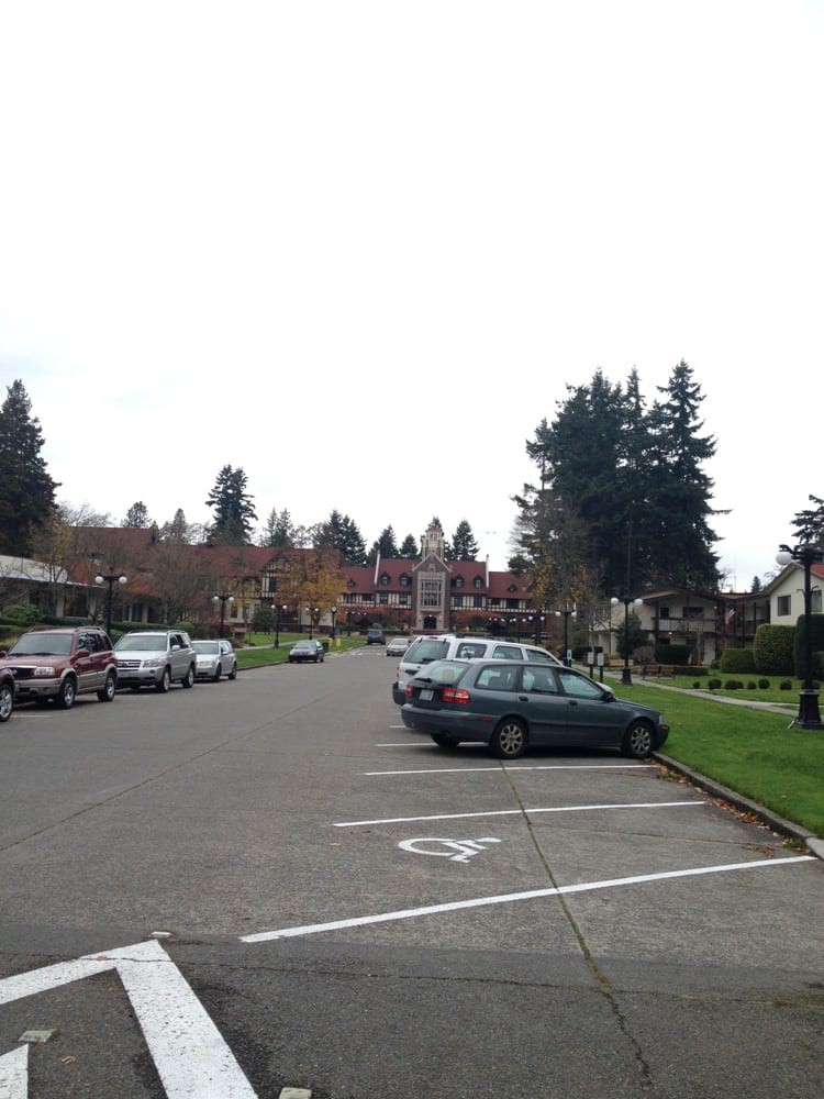 A view of a parking lot lined with cars, featuring trees and buildings in the background under an overcast sky.