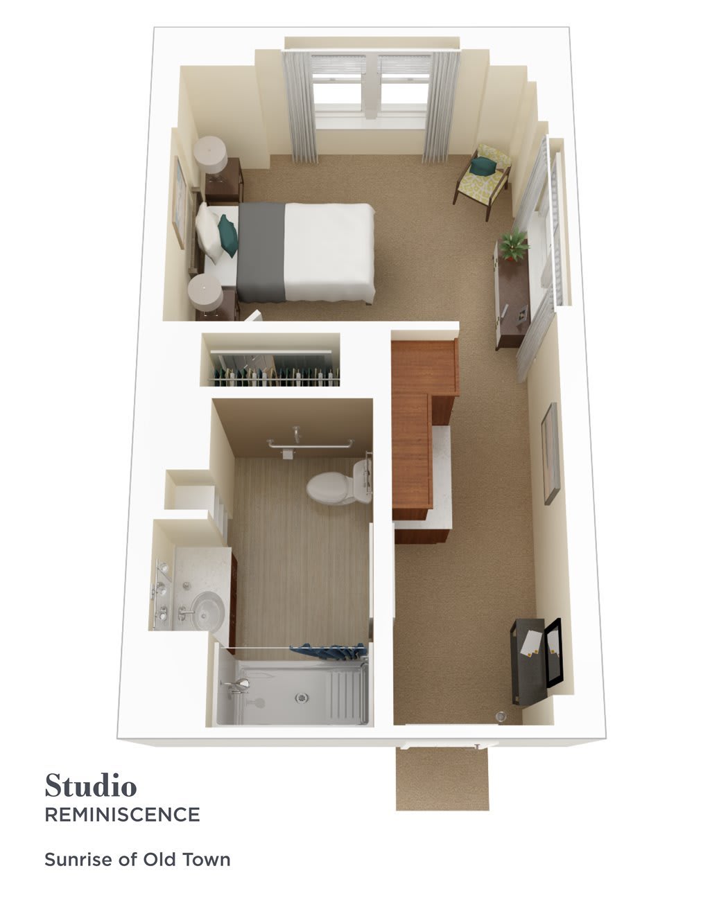 3D floor plan of a compact studio apartment featuring a combined living and sleeping area, bathroom, and kitchenette.