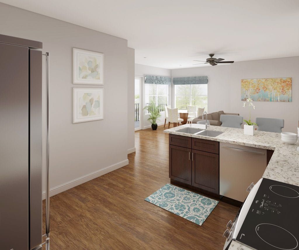 Modern open-concept kitchen and living room with hardwood floors and stainless steel appliances.