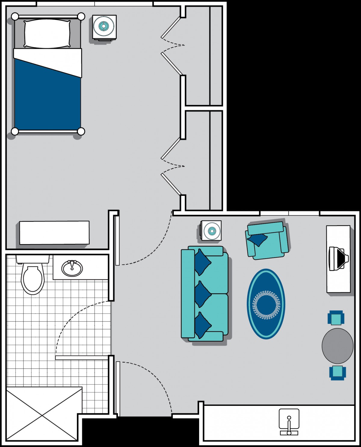 A floor plan depicting a one-bedroom apartment with a living room, kitchen area, and bathroom.