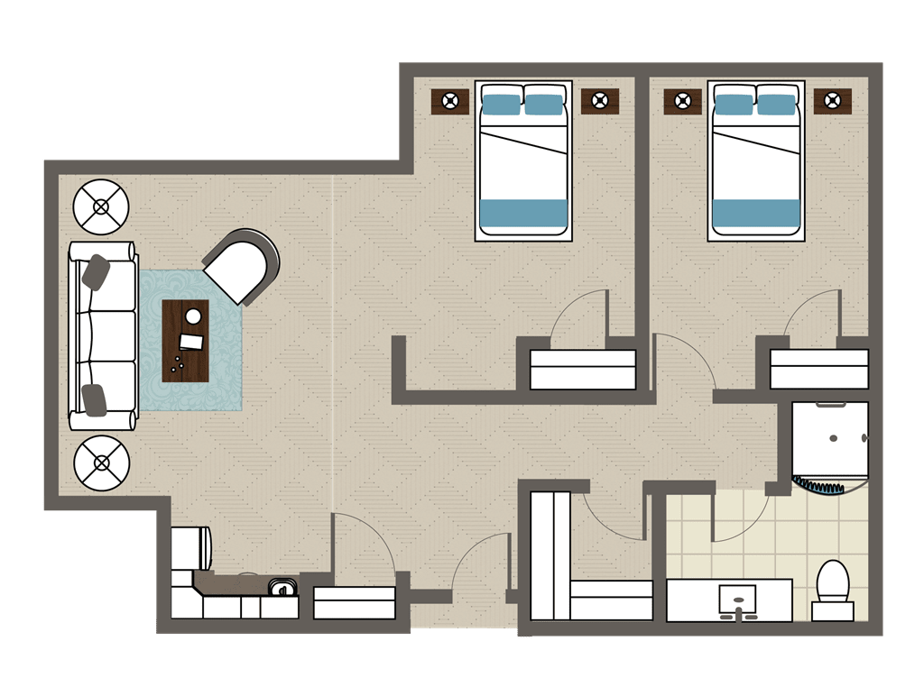 A floor plan of a two-bedroom apartment with a living area and kitchen.