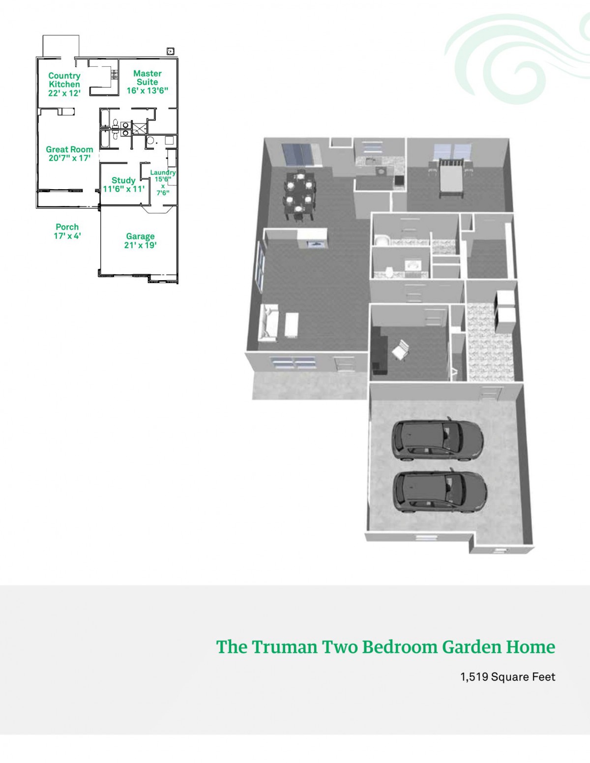3D architectural rendering of a two-bedroom garden home with a detailed floor plan.