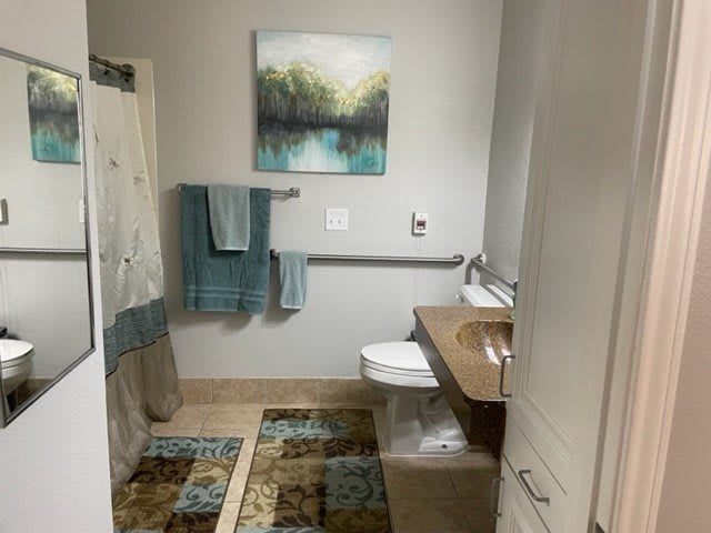 A neatly organized bathroom with a painting, towels, and decorative rugs.