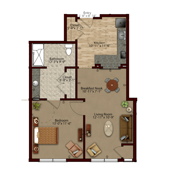 A detailed floor plan of an apartment showing the layout of rooms and furniture.