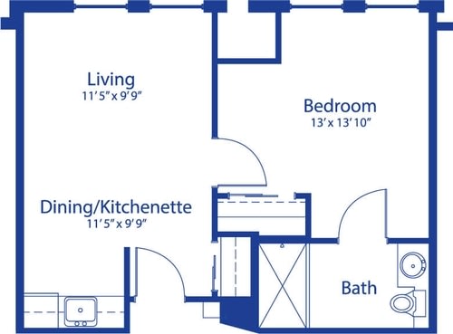 A floor plan showing a one-bedroom apartment layout with designated areas for living, dining/kitchenette, bedroom, and bathroom.