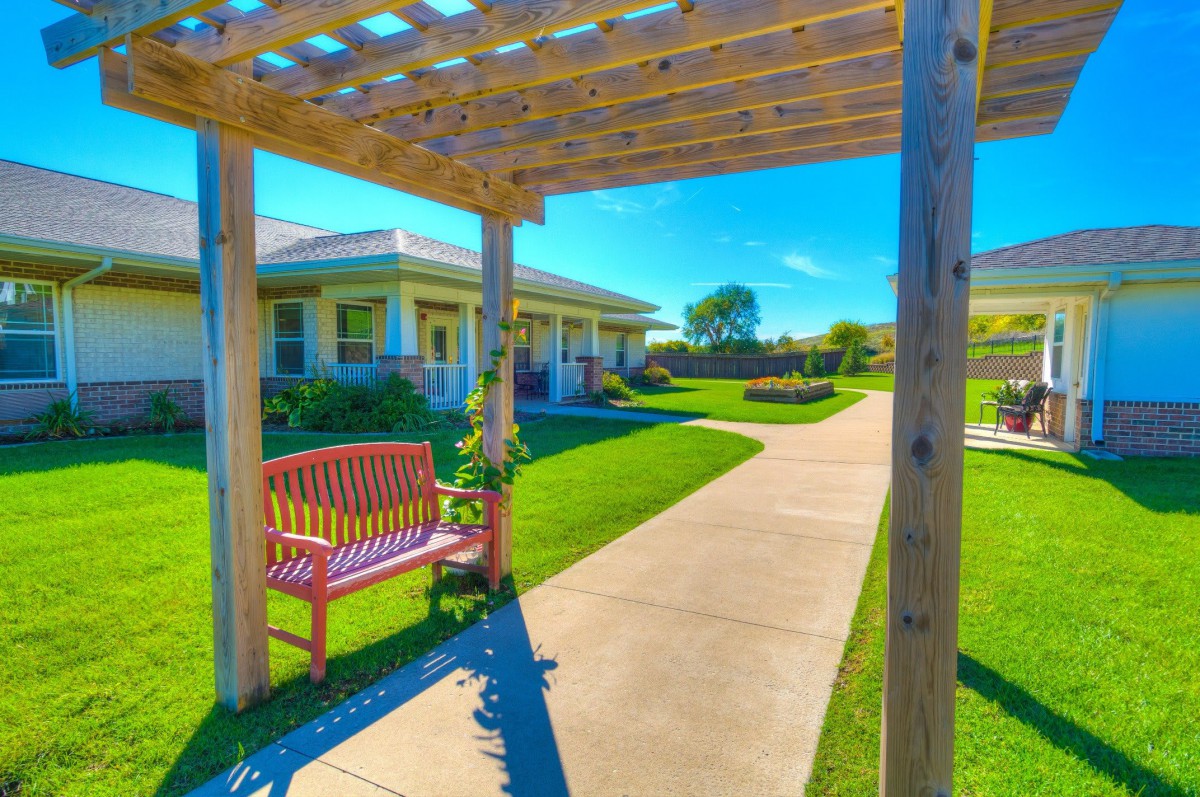 A sunny garden with a bench under a pergola, surrounded by lush grass and a clear pathway.