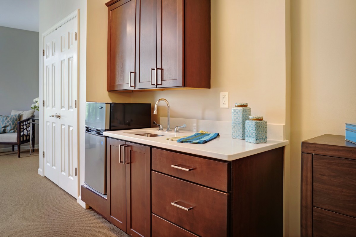 A modern kitchen with wooden cabinets and a compact countertop.