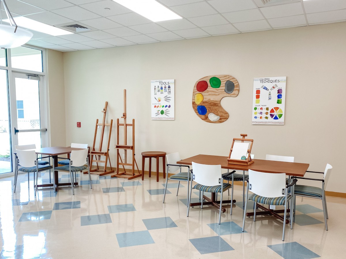 A well-equipped art classroom with easels, tables, chairs, and colorful art posters adorning the walls.