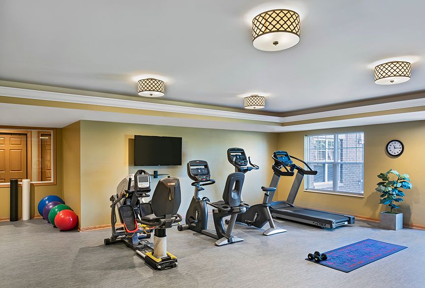 A modern gym with exercise machines including a treadmill and stationary bikes.