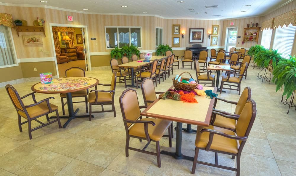 A bright and spacious dining area with neatly arranged tables and chairs, complemented by indoor plants.