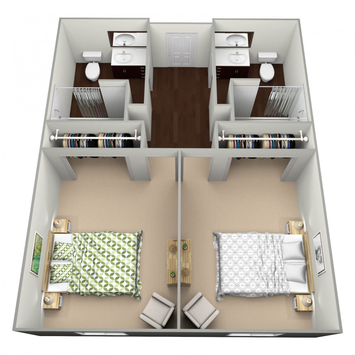 3D floor plan of a two-bedroom apartment featuring two bathrooms.