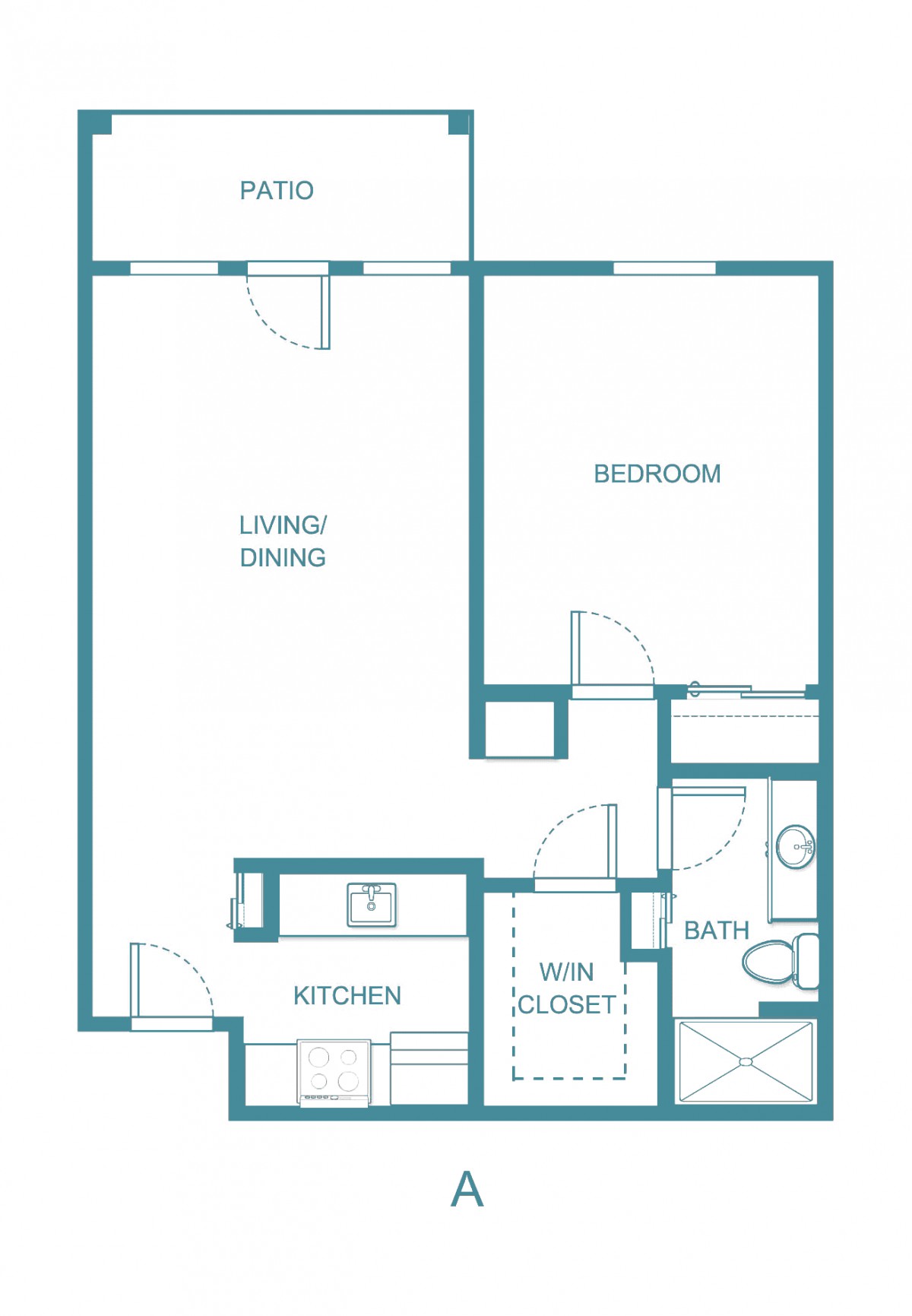 A simple floor plan of a one-bedroom apartment, showing the layout of the living room, bedroom, kitchen, and bathroom.