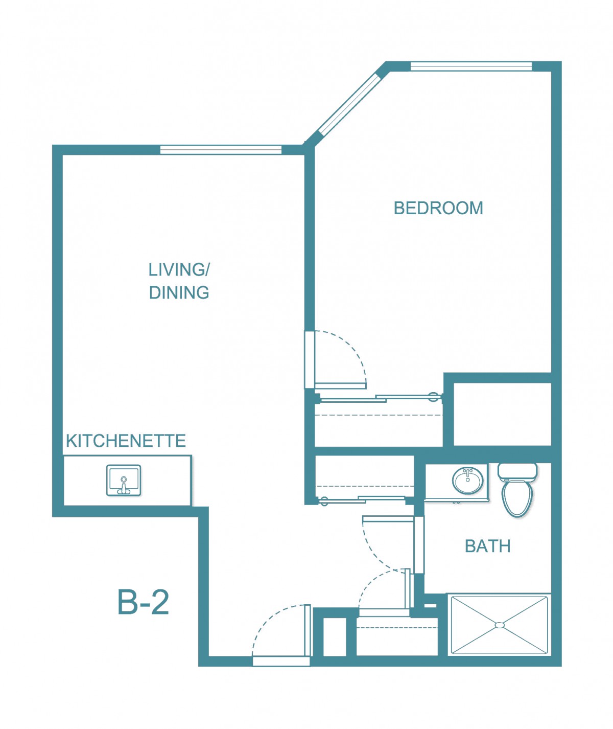 A floor plan of a studio apartment featuring a kitchenette, living area, bedroom, and bathroom.