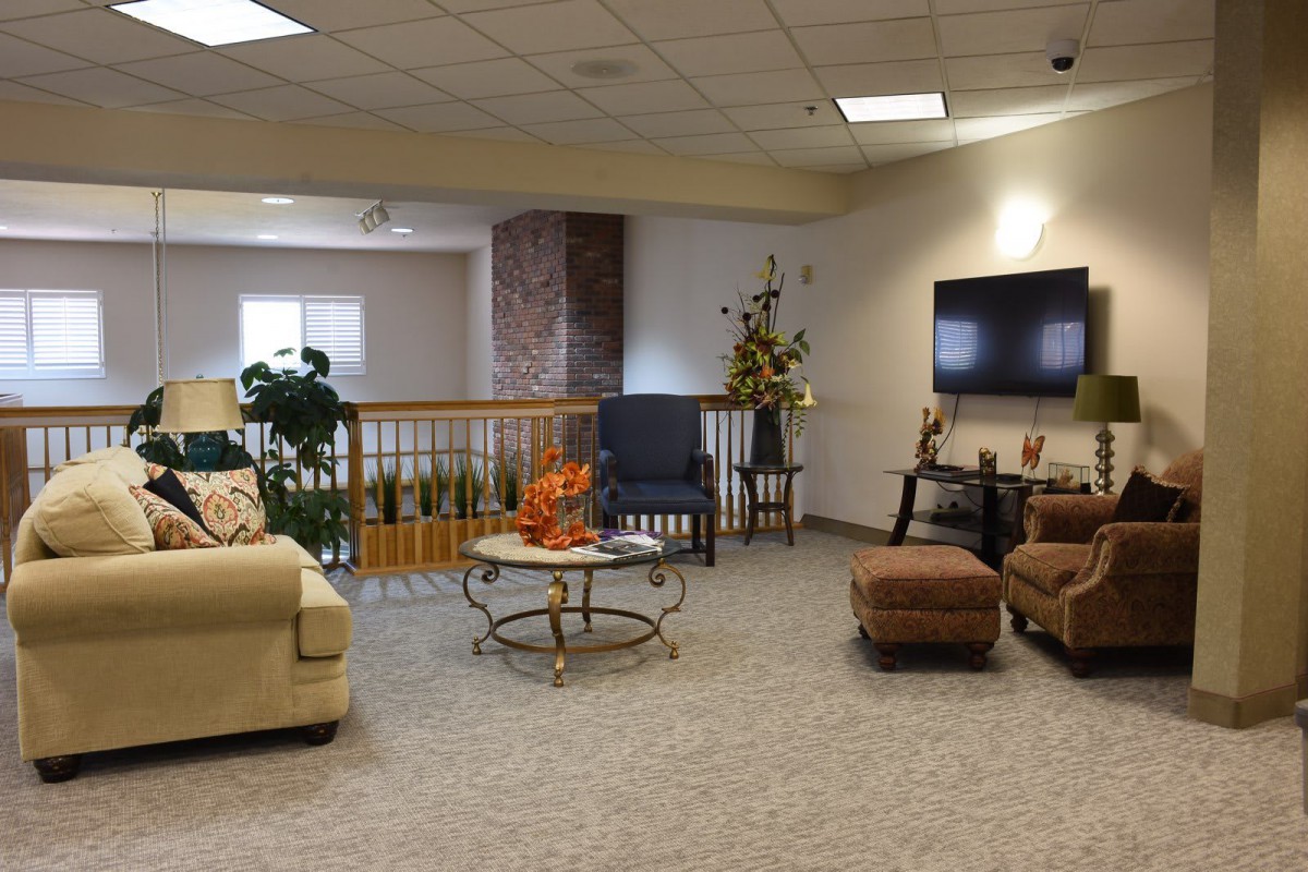 A cozy living room with comfortable seating, a television, and decorative plants.
