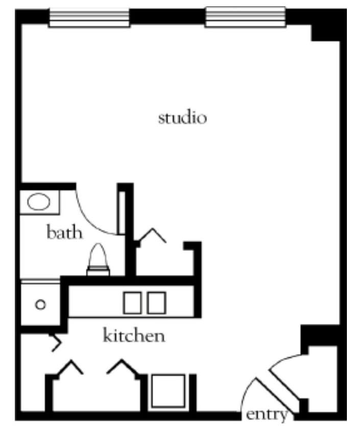 Studio apartment floor plan with kitchen and bath.