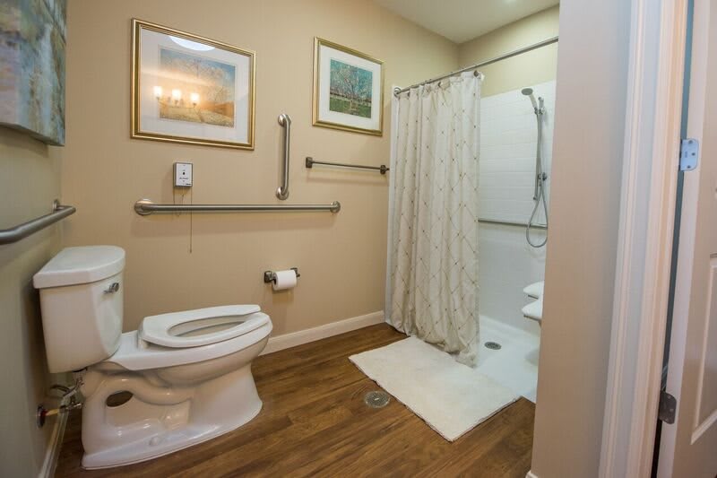 A spacious and accessible bathroom with grab bars, featuring a toilet and shower area.