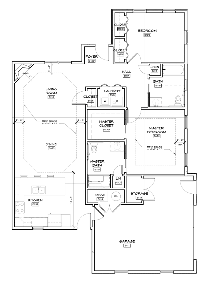 A detailed floor plan of a residential building layout with labeled rooms.
