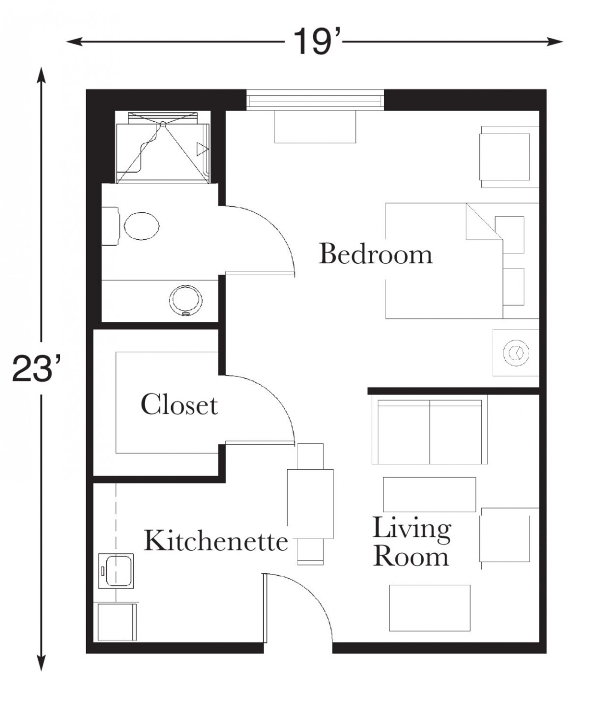 Compact apartment floor plan featuring a bedroom, living room, kitchenette, and closet.