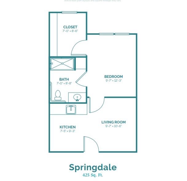 Springdale one-bedroom apartment floor plan layout.