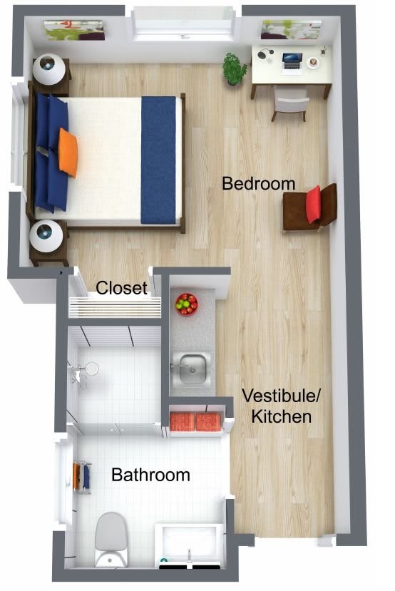 A simplified floor plan of a small apartment featuring a bedroom, bathroom, closet, and a combined vestibule/kitchen area.