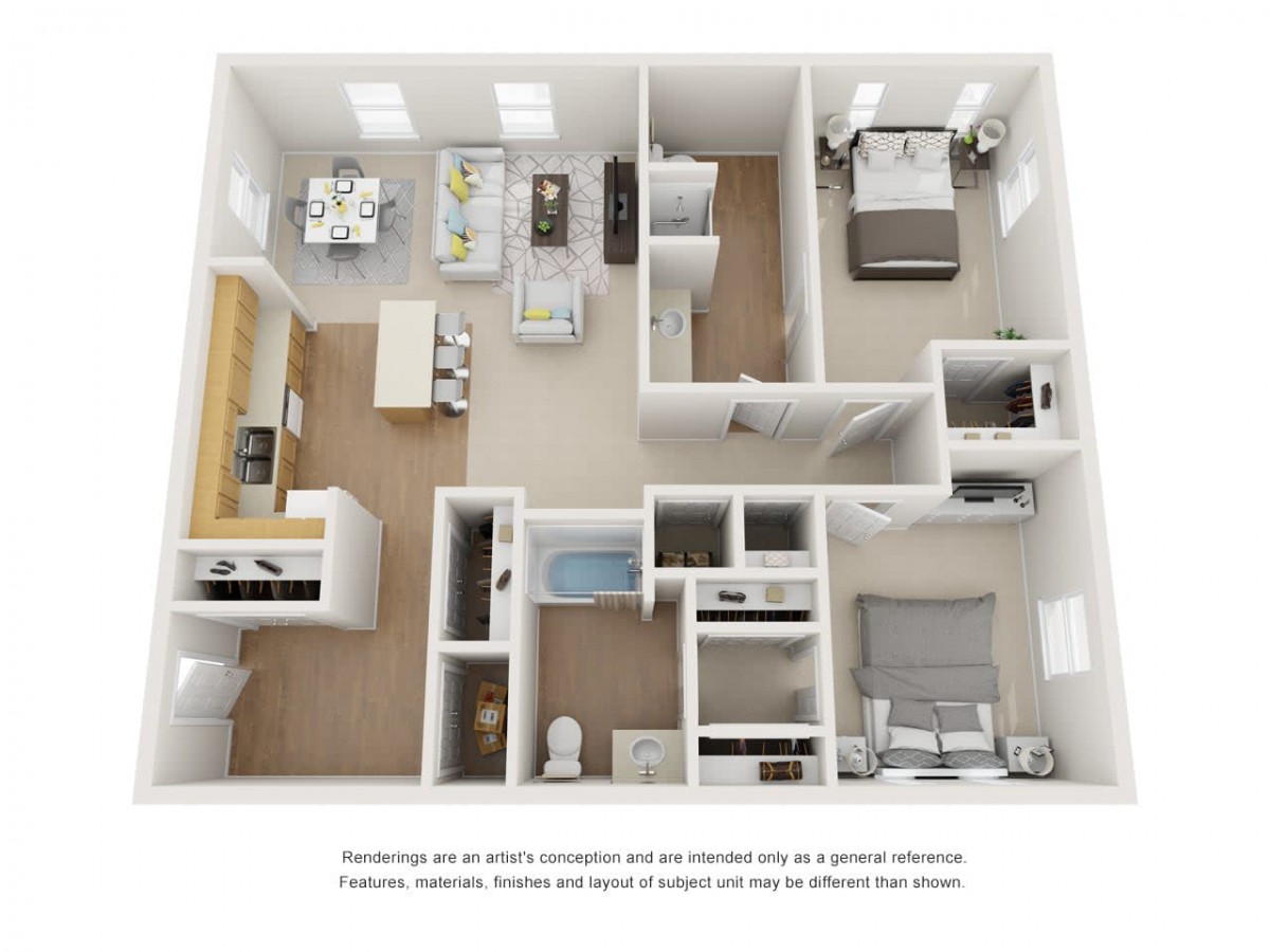 A 3D floor plan of an apartment featuring a living room, kitchen, dining area, two bedrooms, and bathrooms.
