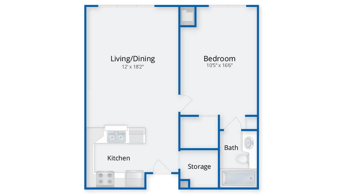 One-bedroom apartment floor plan with living/dining area, kitchen, bathroom, and storage.