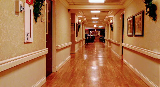 A well-lit hallway in a healthcare facility, featuring wooden floors and decorative elements along the walls.
