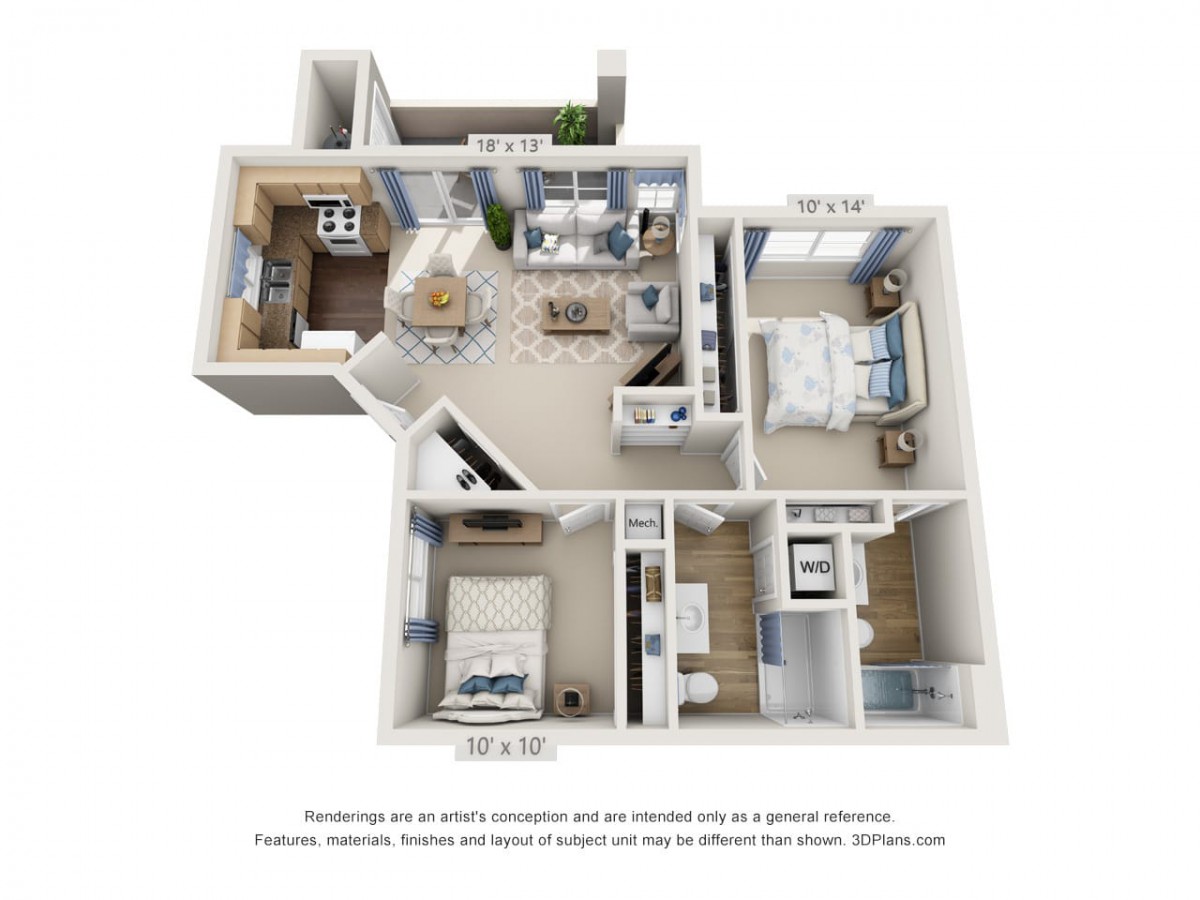A 3D floor plan of a modern two-bedroom apartment showing the layout of rooms and furnishings.