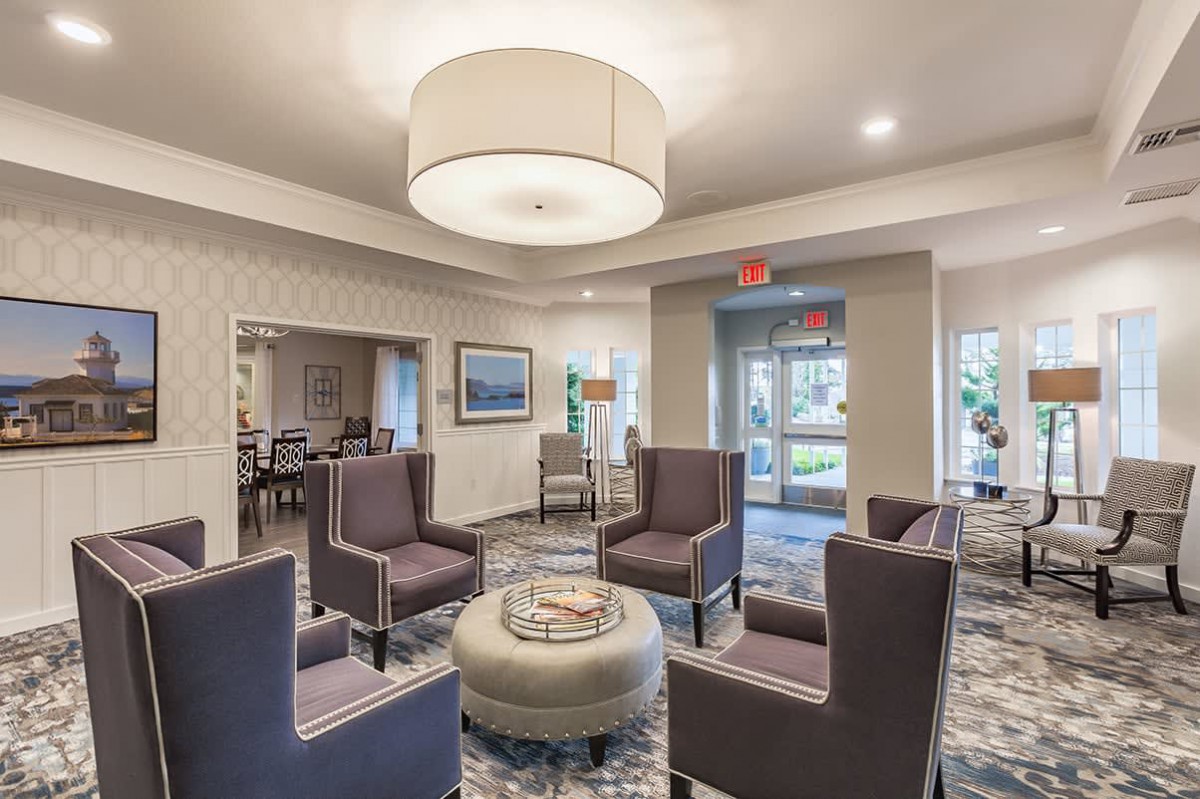 A modern lobby area with comfortable seating and stylish decor.