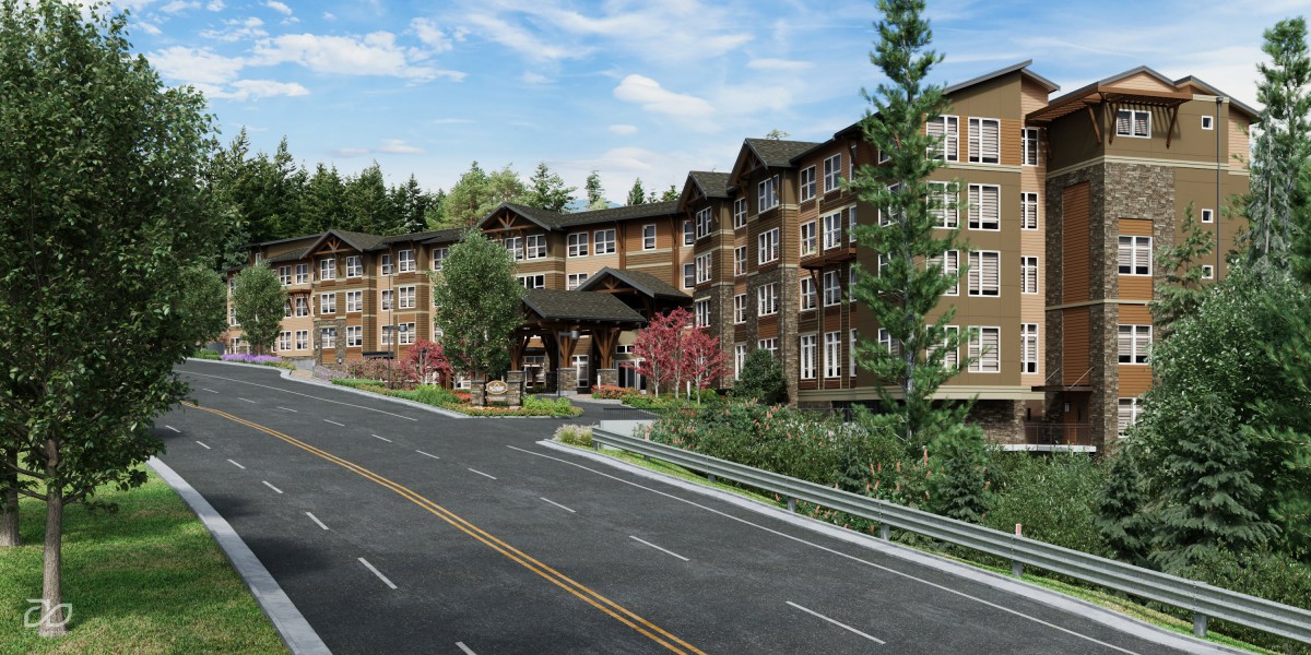 A multi-story residential building with a road in front, surrounded by trees and greenery.