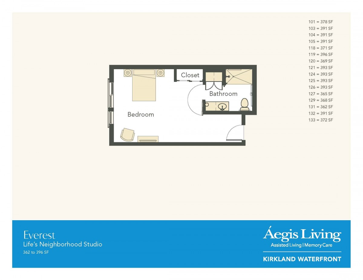A floor plan of a one-bedroom apartment featuring a bedroom, bathroom, and living area.