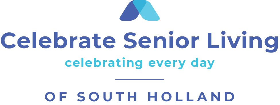 A logo for a senior living community with the tagline 'Celebrating every day' and location mentioned as South Holland.