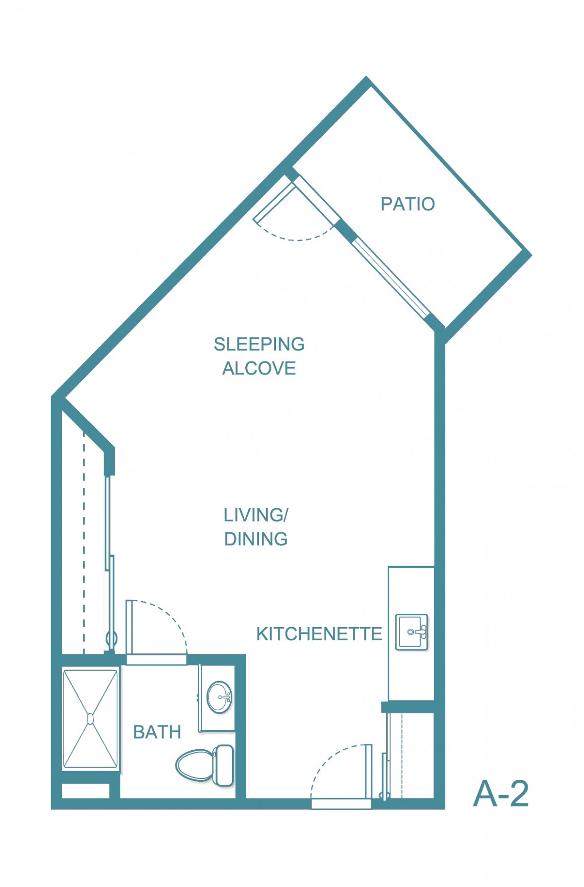 A floor plan of a studio apartment with a patio, sleeping alcove, living/dining area, kitchenette, and bathroom.