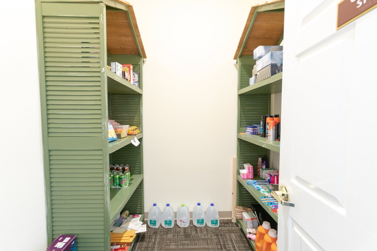 A well-organized pantry with green shelves stocked with various supplies and food items.