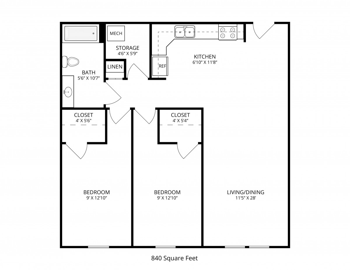 Floor plan of a two-bedroom apartment with living room, kitchen, and bathroom.