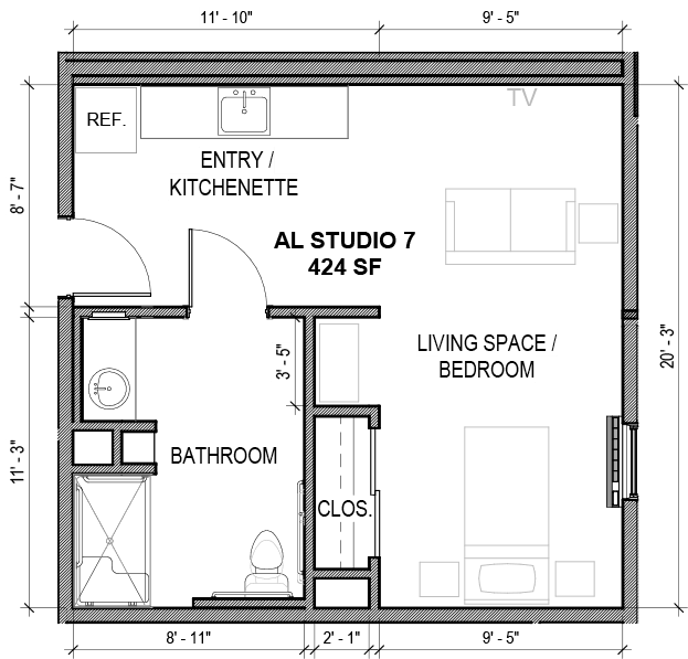 A floor plan showing the layout of a studio apartment with designated areas for entry, kitchenette, bathroom, closet, living space, and bedroom.