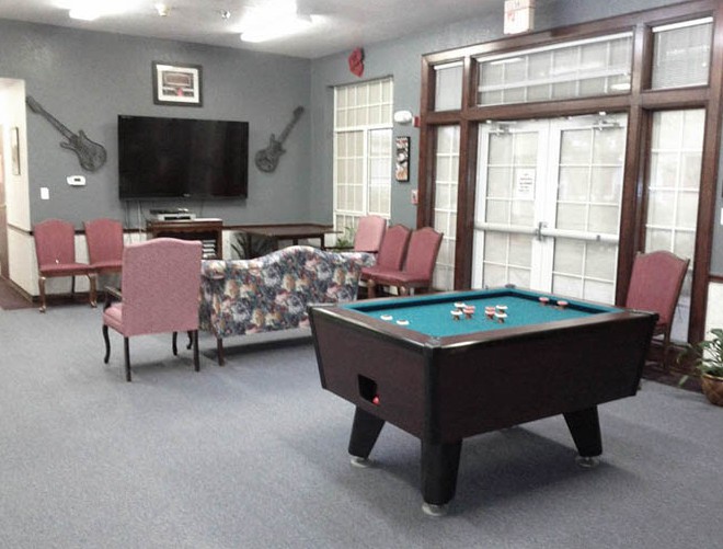 A cozy game room featuring a pool table, television, seating area with chairs and a couch, and large windows.