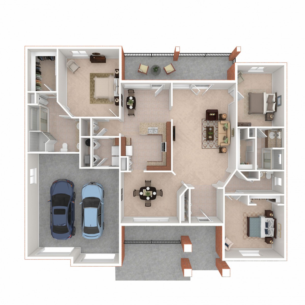 A 3D rendered floor plan of a residential home with multiple rooms and a garage.