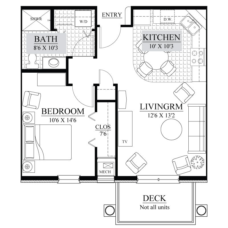 A floor plan of a one-bedroom apartment featuring a kitchen, living room, bathroom, and deck.