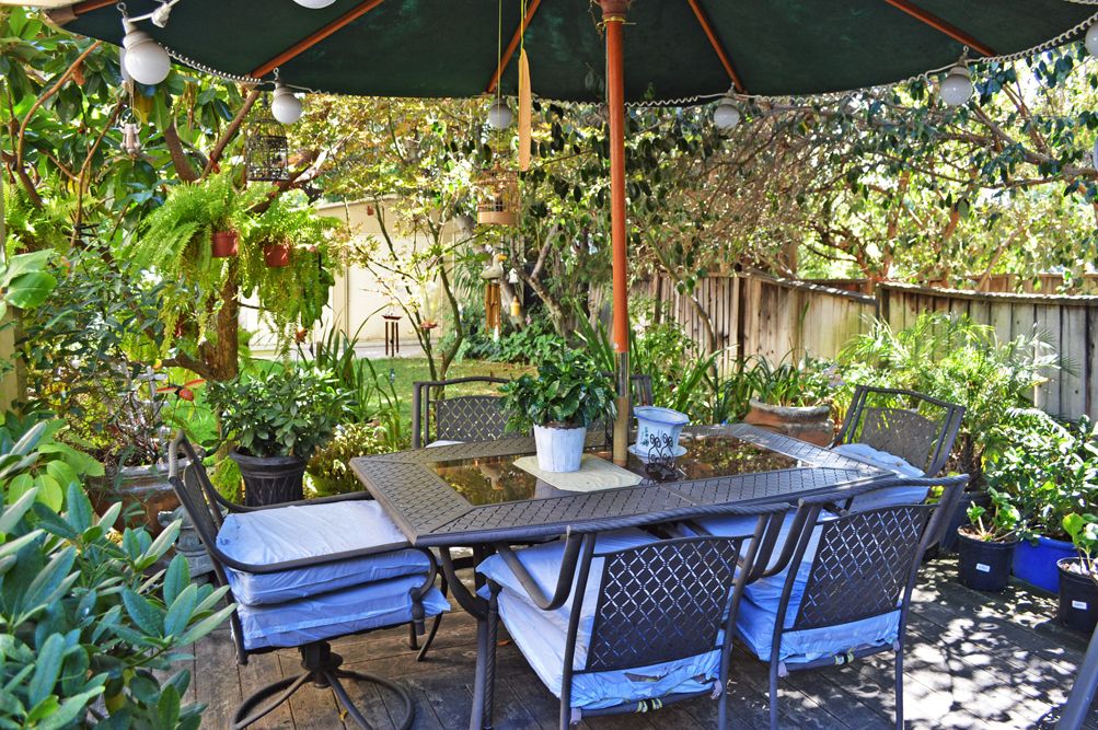 A cozy patio setup with a table, chairs, and umbrella surrounded by lush garden plants.