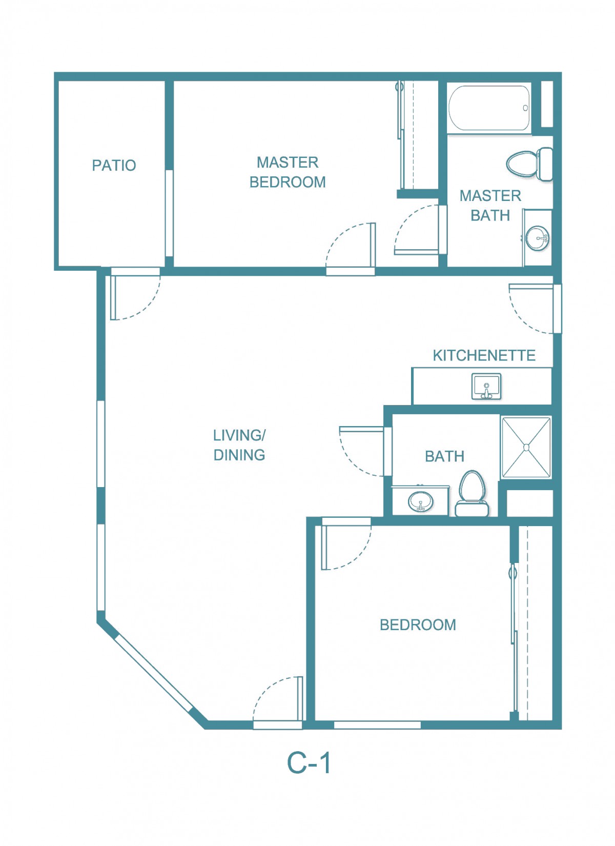 A blueprint of a two-bedroom apartment with labeled rooms including a master bedroom, kitchen, dining area, and bathrooms.