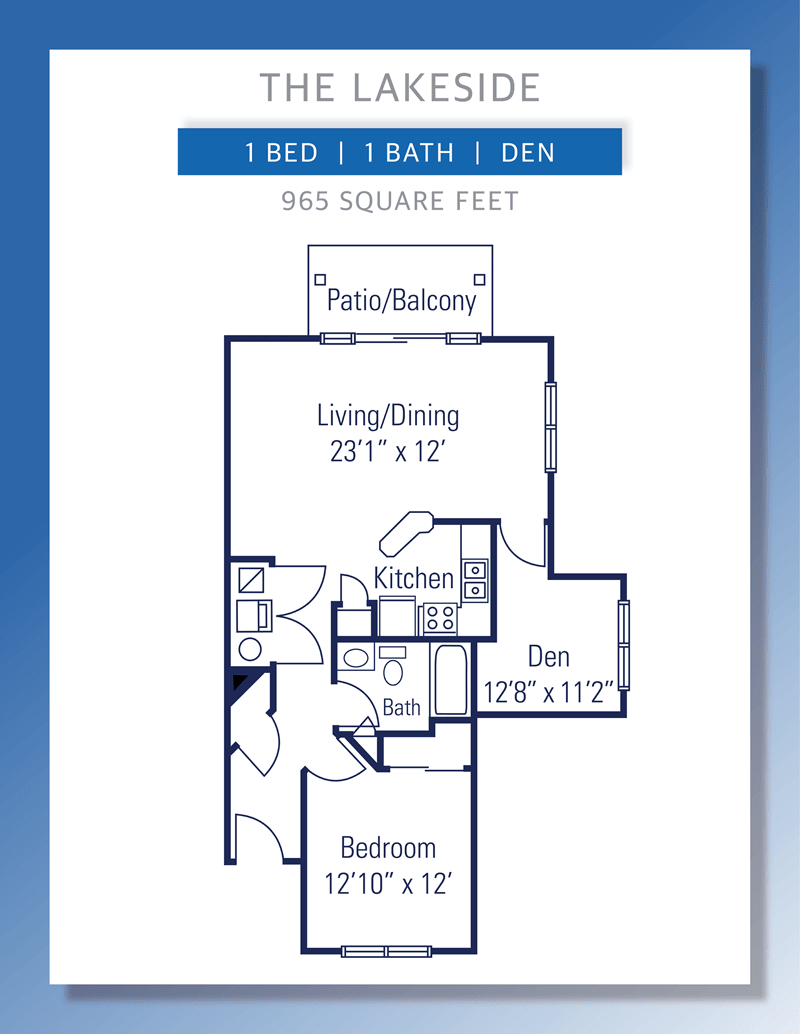 Floor plan of a two-bedroom, one-bath apartment with a den and balcony.