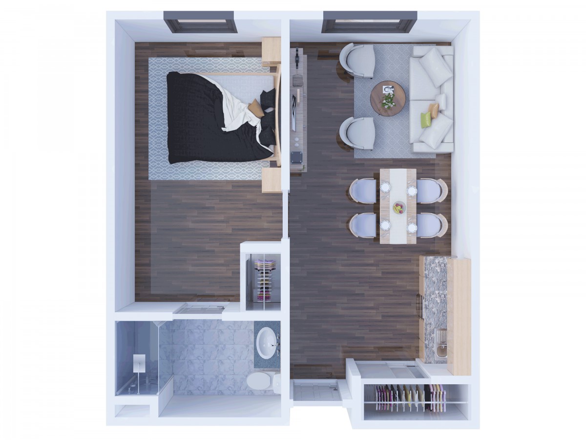A compact one-bedroom apartment floor plan featuring a combined kitchen and living area.