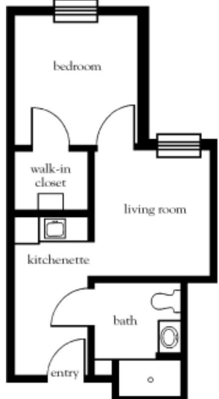 A simple floor plan featuring a living room, kitchenette, and a walk-in closet.